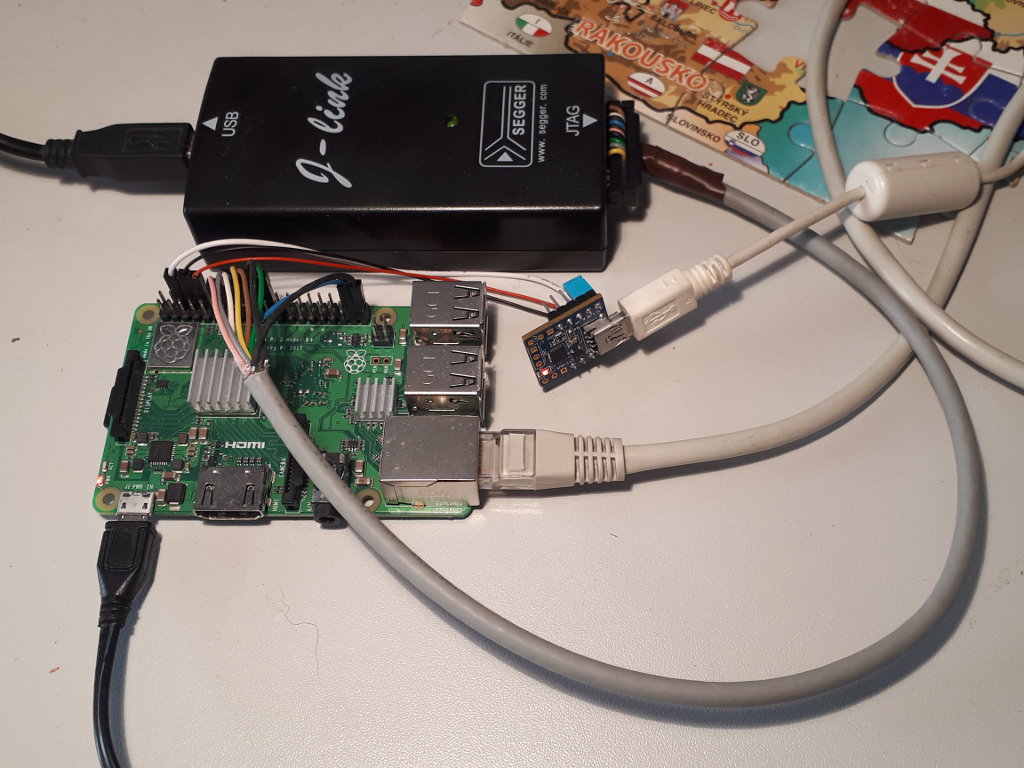 Raspberry Pi attached to a JTAG-to-USB adapter