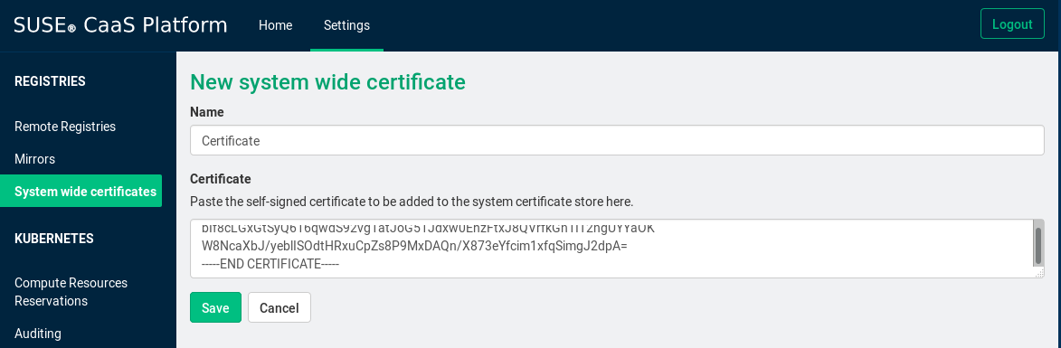 Adding a certificate in the settings