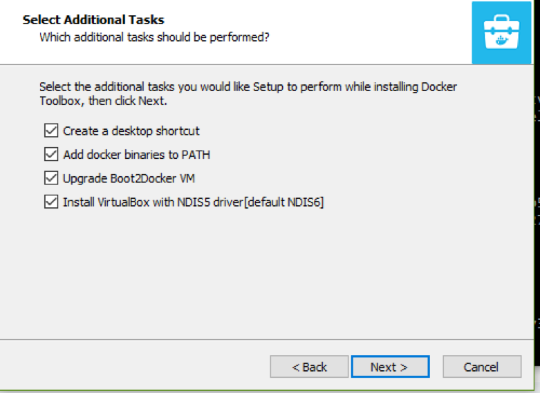 The Windows
installation wizard displays and asks you to select any additional tasks
you'd like to set
up.