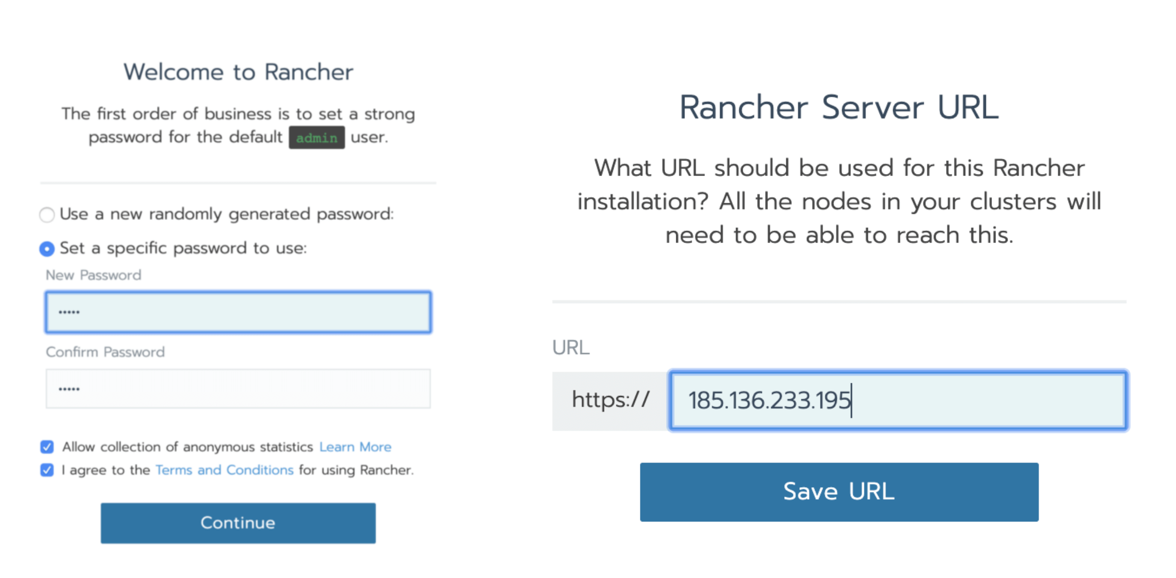 Set up Rancher password and URL as the host IP