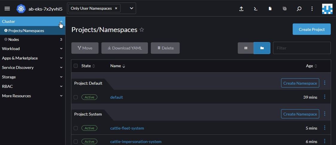 Screenshot: create kasten-io namespace with SUSE Rancher