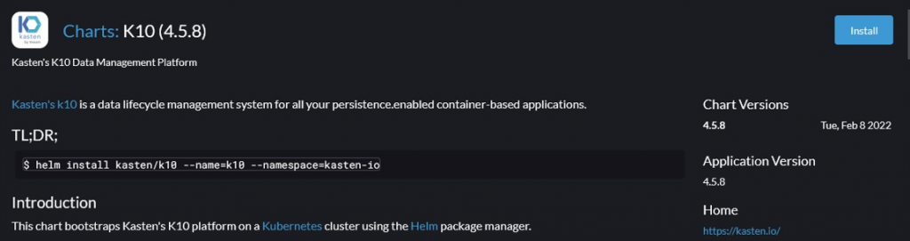 Screenshot: Install the Kasten K10 chart via the SUSE Rancher Apps & Marketplace