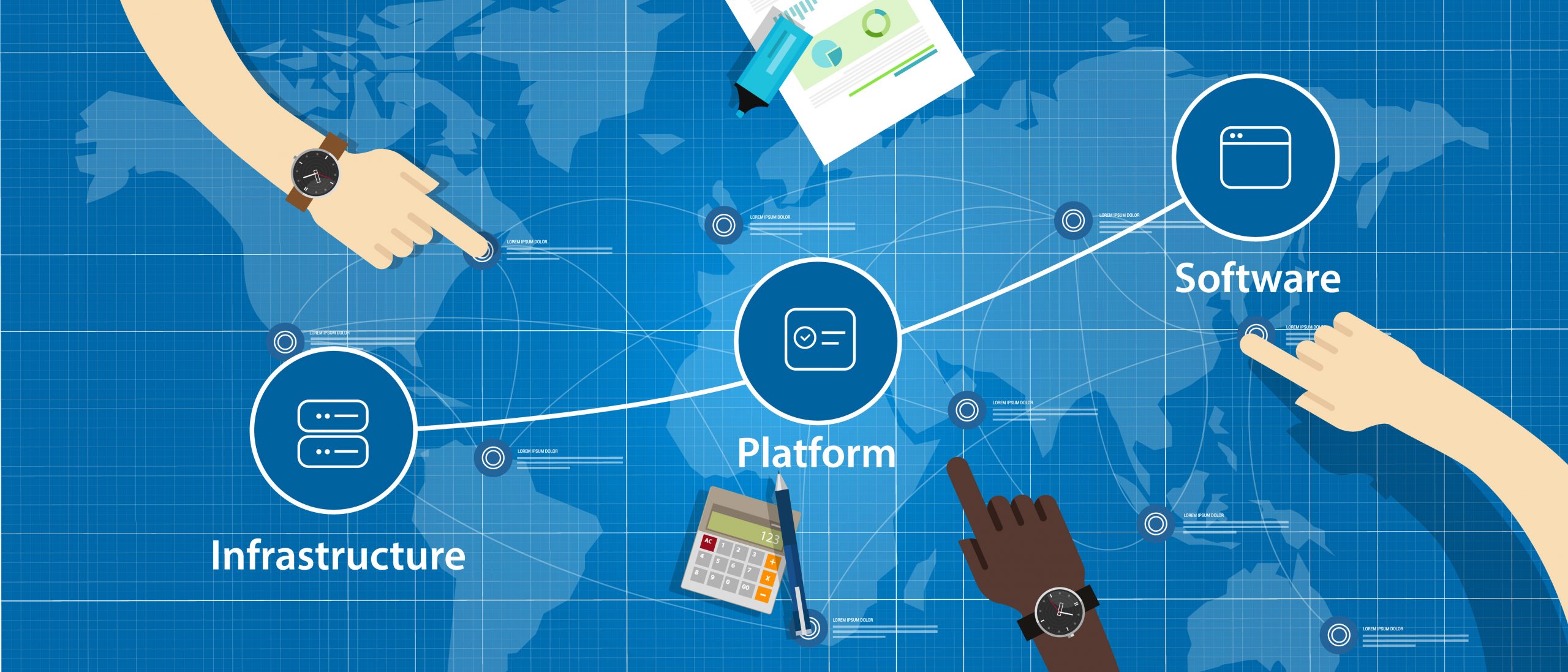 Vector graphic of hands pointing to cloud computing elements with icons for Infrastructure, Platform, and Software on a digital world map background, symbolizing the components of cloud services.