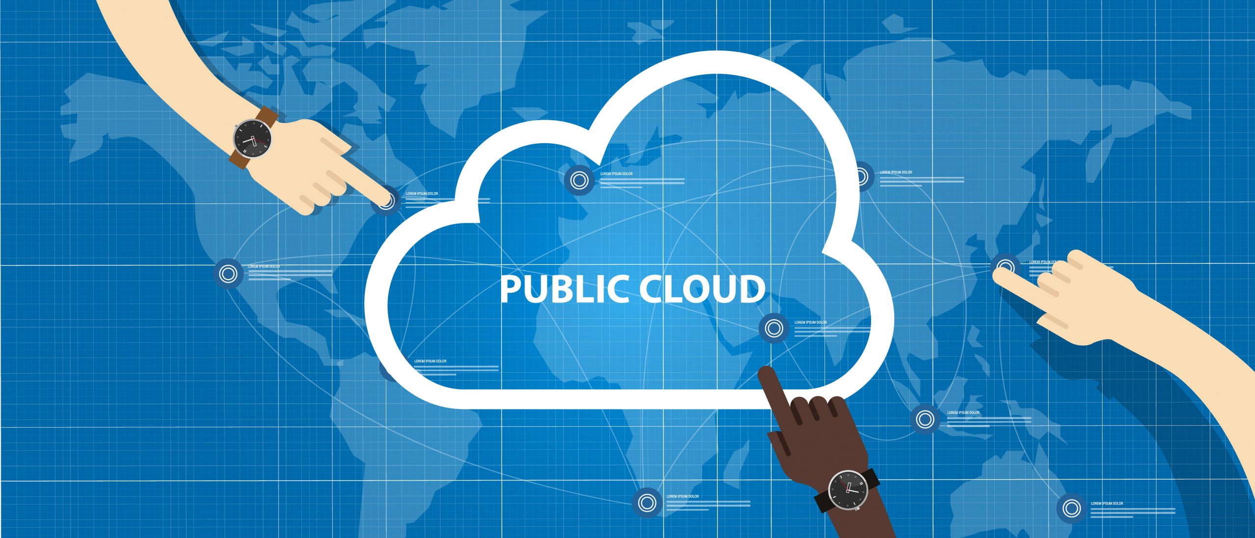 Graphic illustration showing multiple hands interacting with a stylized cloud labeled 'PUBLIC CLOUD' against a digital world map background, symbolizing global connectivity and cloud computing services.