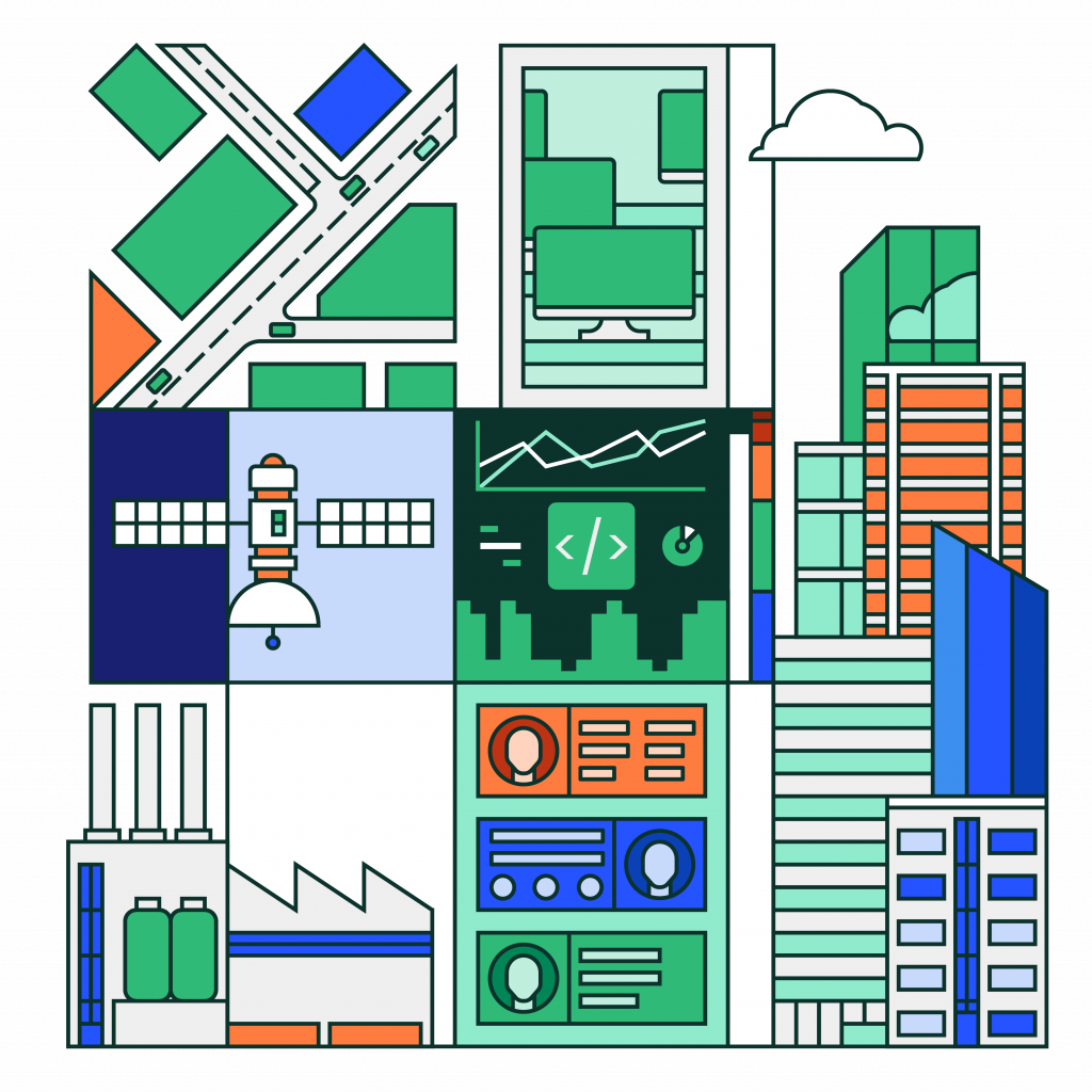 Illustration of cloud native edge computing use cases, including smart cities, satellites, inventory management, and real-time data analytics 