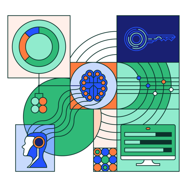 Illustration of enterprise AI, including a brain's network connected to a human head, a computer monitor, and a key