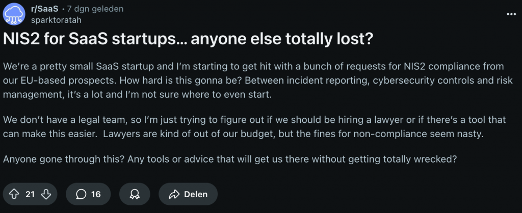 Reddit post about NIS2 for SaaS startups challenges