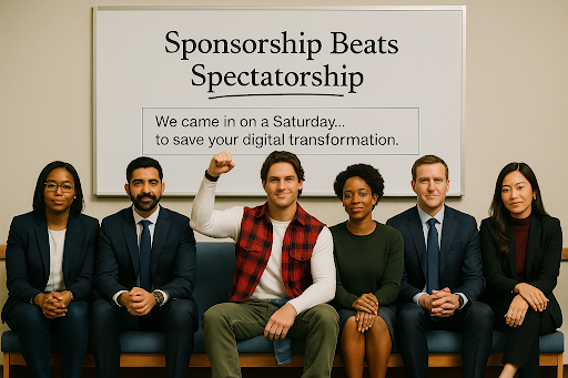 Six professionals collaborating in a boardroom with a whiteboard message: “Sponsorship beats spectatorship” - symbolizing executive buy-in for digital transformation