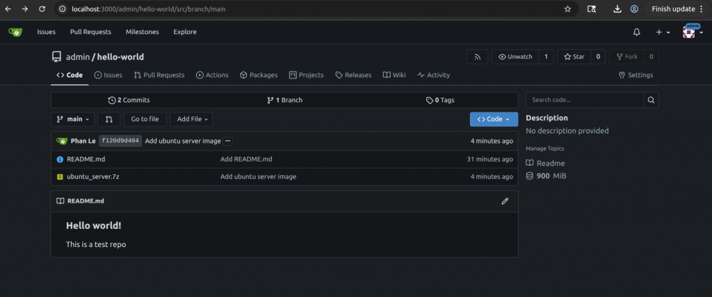 Gitea hello-world repository with large file in README and repository files