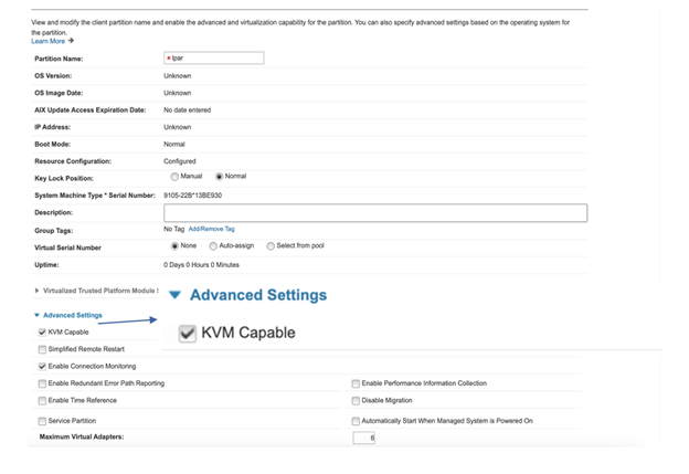 Fig. 2: HMC Management page for enabling KVM in a PowerVM LPAR