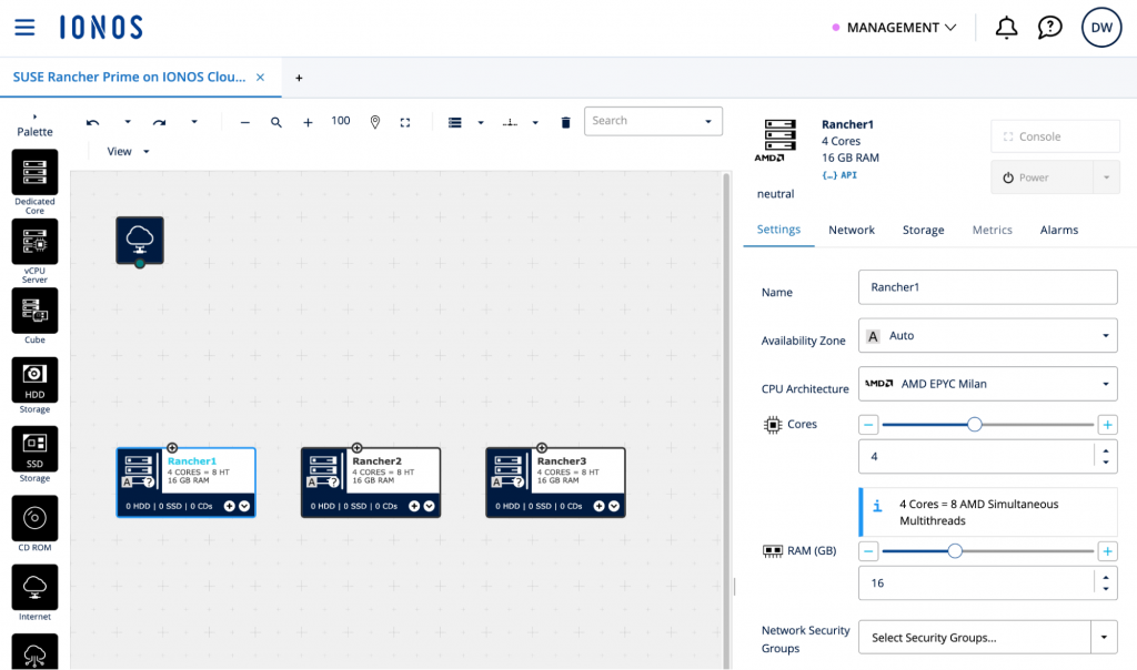 Three virtual machines in DCD with dedicated cores for the Rancher Manager Cluster