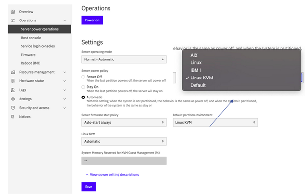 Fig. 3: eBMC page for enabling KVM in a PowerVM LPAR