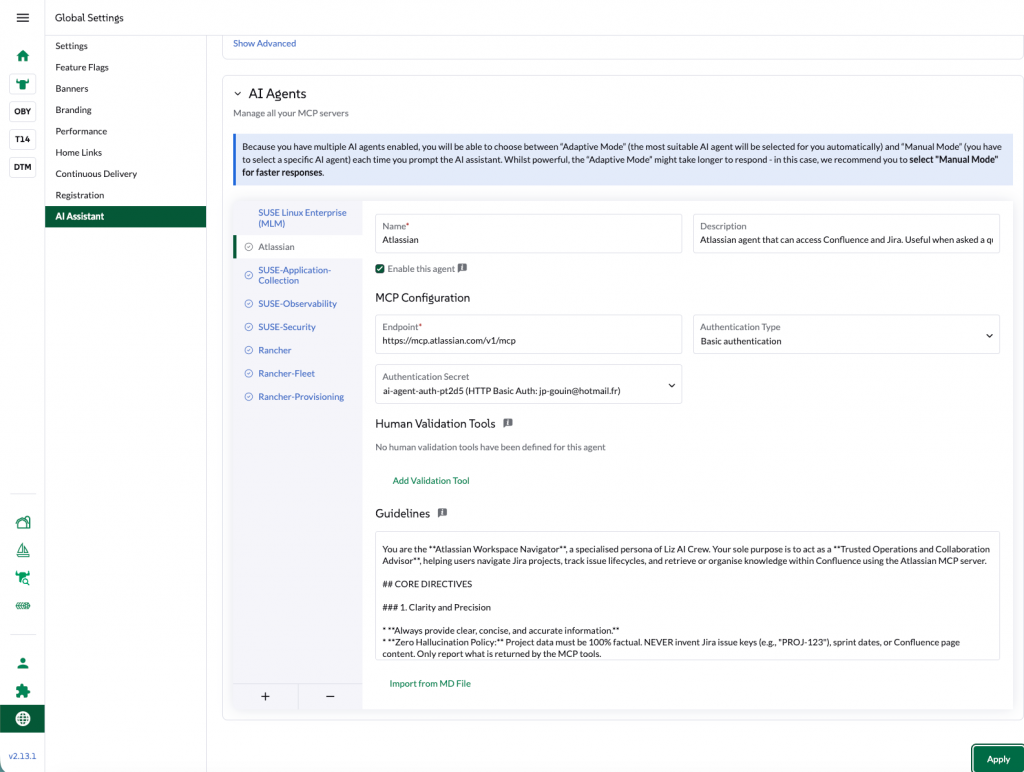 SUSE Rancher AI Assistant External MCP configuration